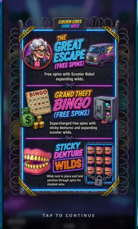 Custom Golden Girls Gone Wild bonus information card displayed in the casino